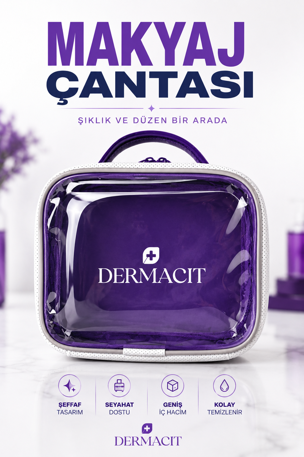Cilt Bakım ve Makyaj Çantası Büyük Boy (XL) Şeffaf, Su Geçirmez ve Dayanıklı Organizer